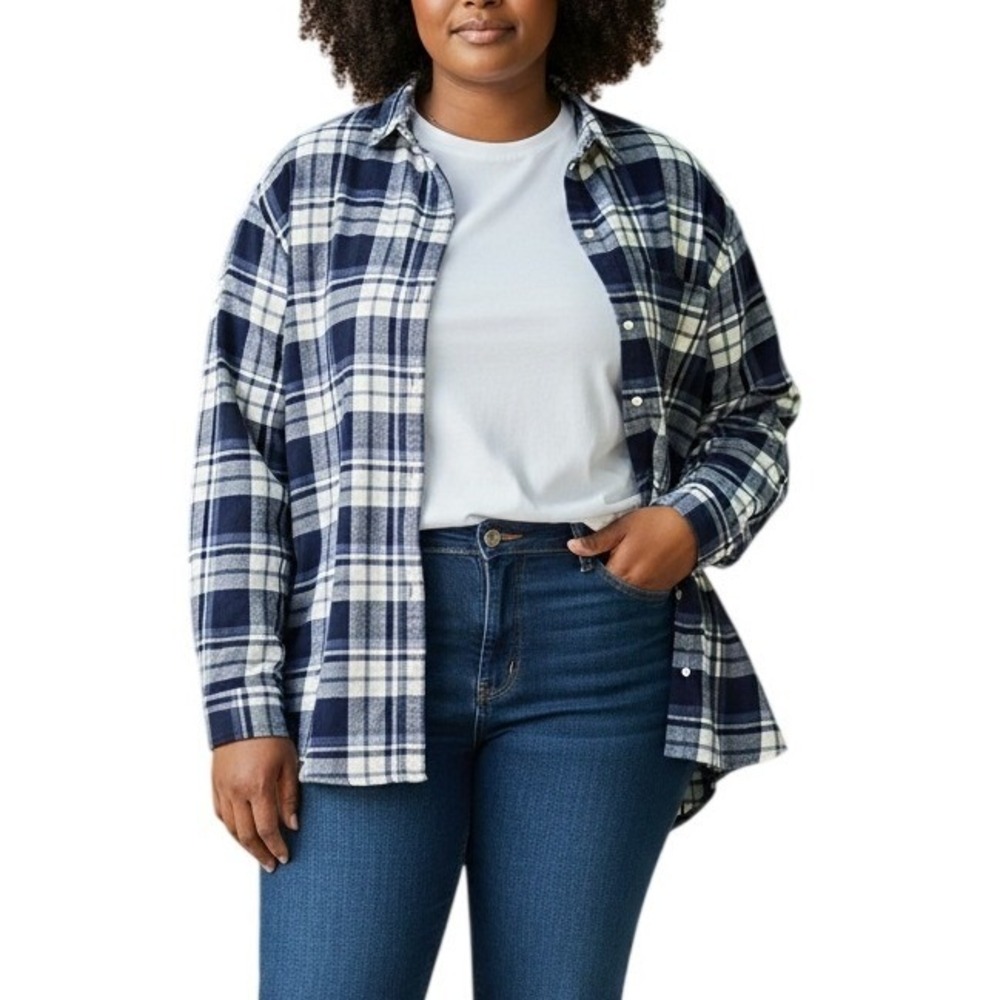 Old Navy Womens 4X Plus Blue White Plaid Flannel Long Sleeve Cozy Comfy
